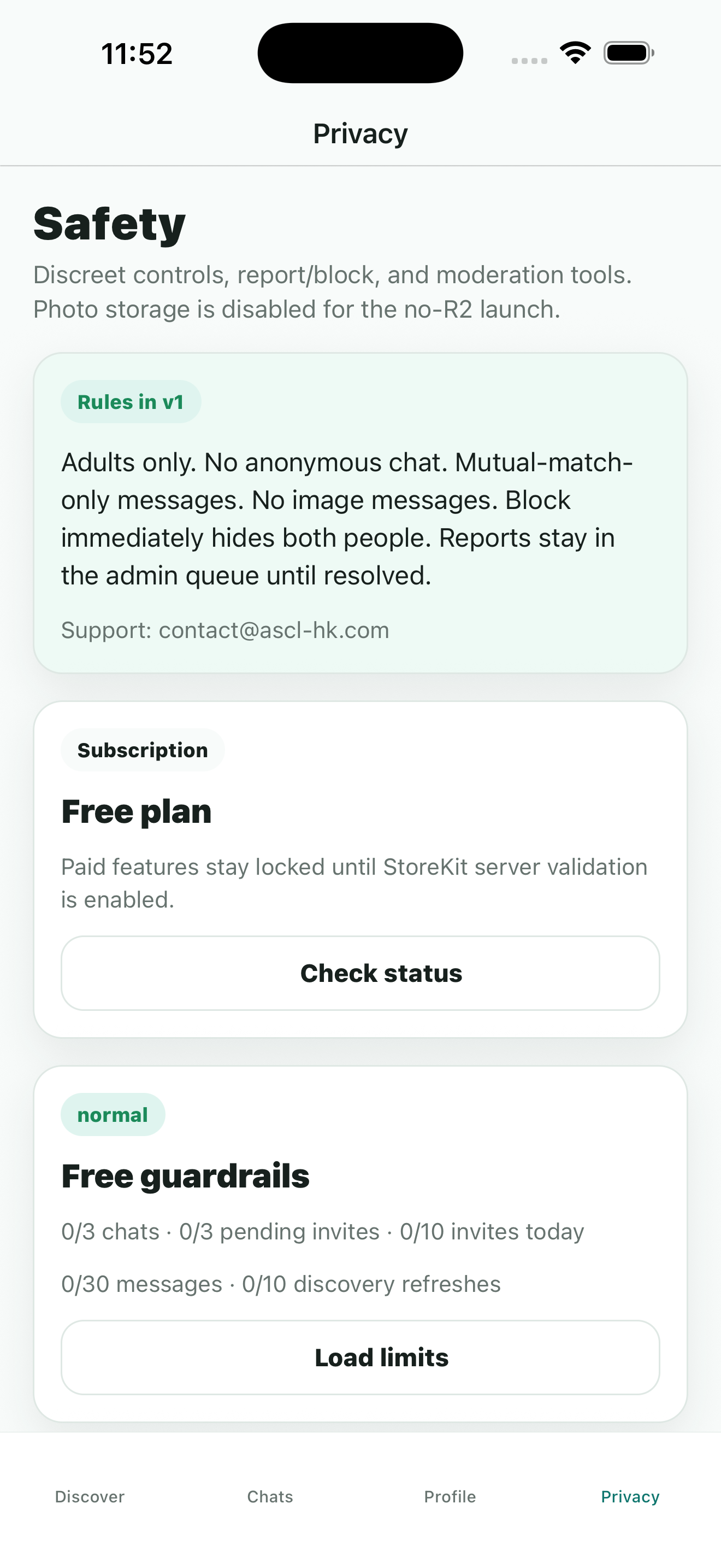 Kindred Private safety screen with limits and no-photo launch details