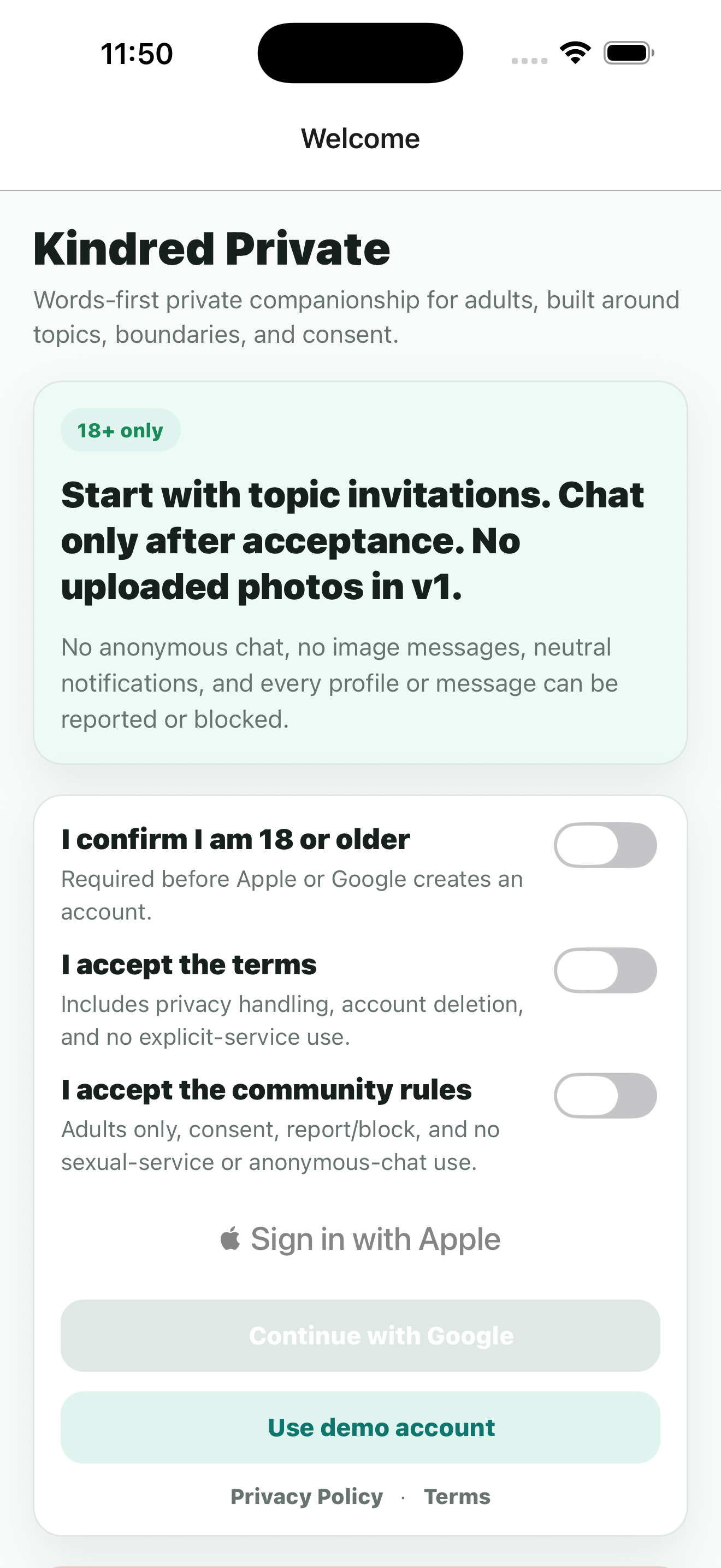 Kindred Private sign-in screen for adults 18 plus